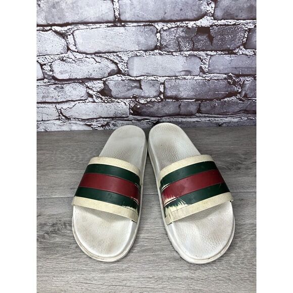 GUCCI Web White Rubber Logo Casual Slides Designer Sandals Men’s Sz 11M US/44EU - Picture 2 of 16